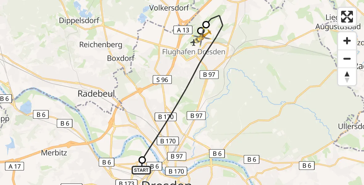 Flugroute Rettungshubschrauber Dresden Friedrichstadt Hospital - Dresden Flughafen, 18 Juli 2026, 13:52