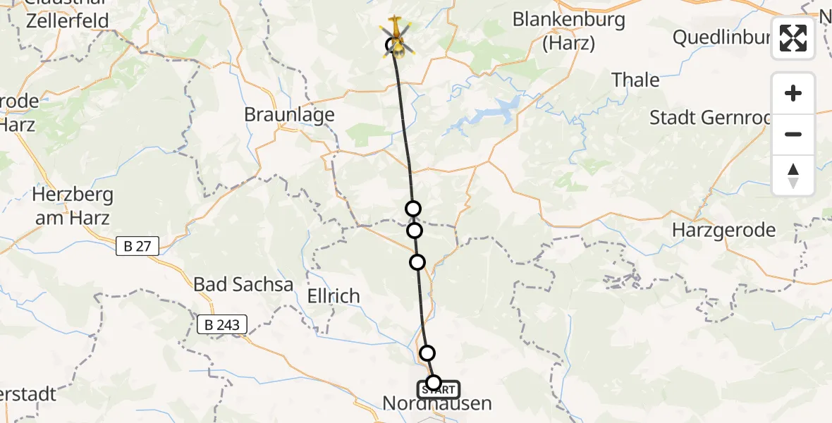 Flugroute Rettungshubschrauber Südharz Hospital Nordhausen - Wernigerode, 18 Juli 2026, 13:56