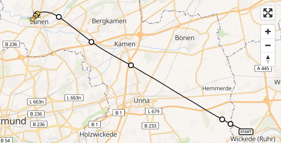 Flugroute Rettungshubschrauber Wickede (Ruhr) - Sankt Marien Hospital, 18 Juli 2026, 13:57