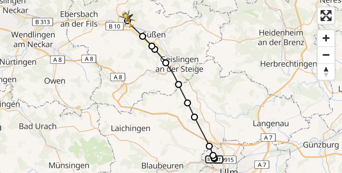 Flugroute Rettungshubschrauber Ulm Military Hospital Emergency - Göppingen, 18 Juli 2026, 14:09