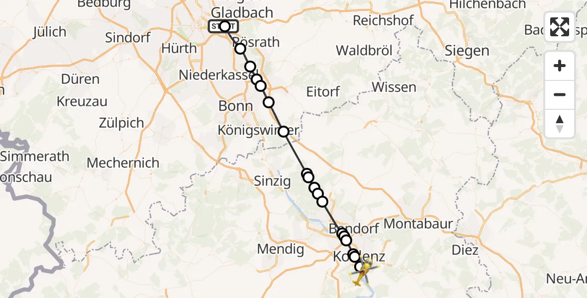 Flugroute Rettungshubschrauber Merheim Hospital - Lahnstein, 18 Juli 2026, 14:11