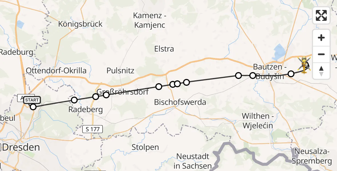 Flugroute Rettungshubschrauber Dresden Flughafen - Bautzen Flugplatz, 18 Juli 2026, 14:12