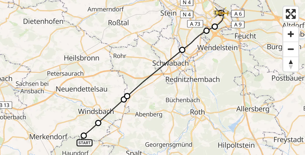 Flugroute Ambulanzhubschrauber Haundorf - Nürnberg South Hospital Hubschrauberlandeplatz, 18 Juli 2026, 14:17