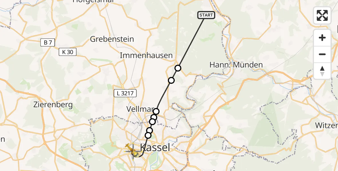 Flugroute Rettungshubschrauber Reinhardshagen - Kassel, 18 Juli 2026, 14:22