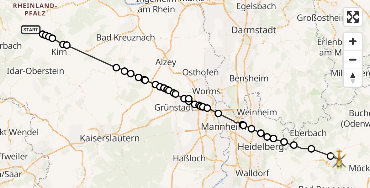 Flugroute Rettungshubschrauber Krummenau - Mosbach, 18 Juli 2026, 14:25