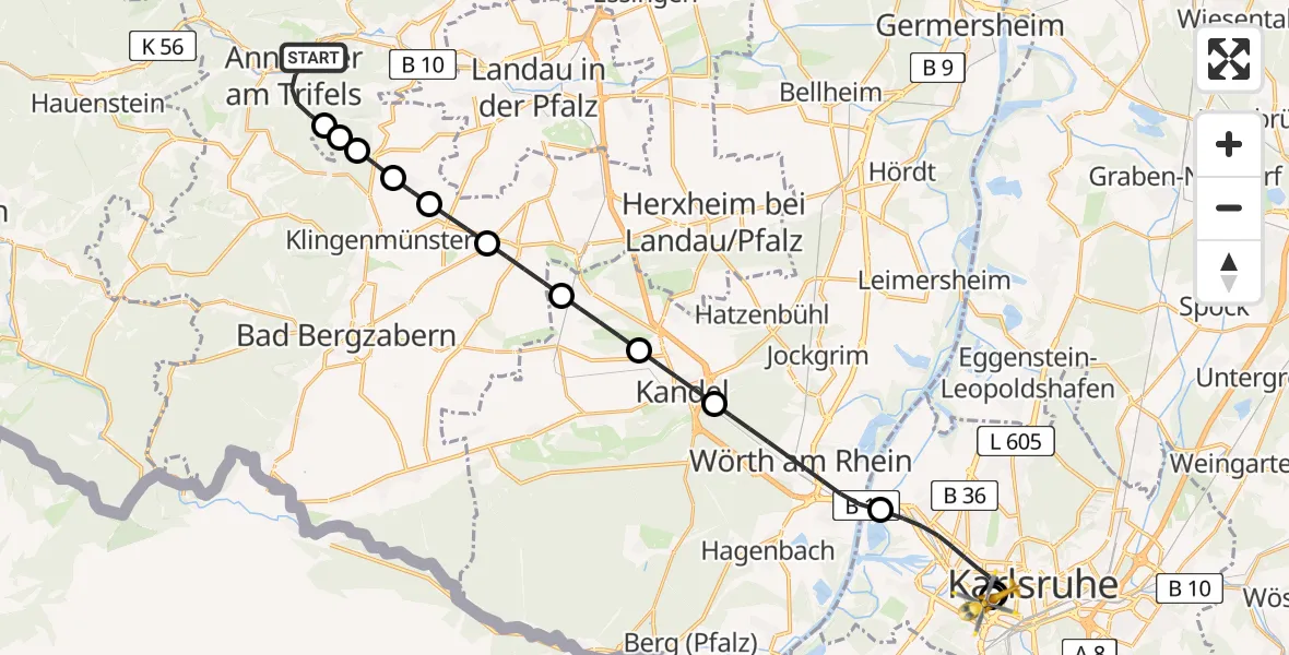 Flugroute Ambulanzhubschrauber Annweiler am Trifels - Sankt Vincentius Hospital, 18 Juli 2026, 14:26