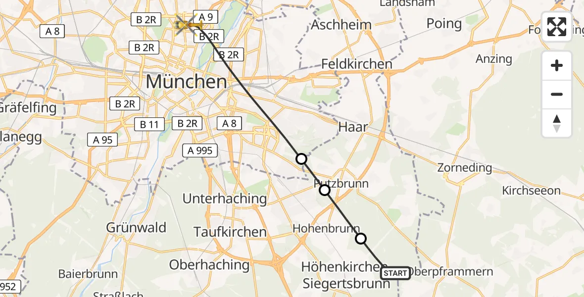 Flugroute Rettungshubschrauber Höhenkirchen-Siegertsbrunn - München, 18 Juli 2026, 14:31