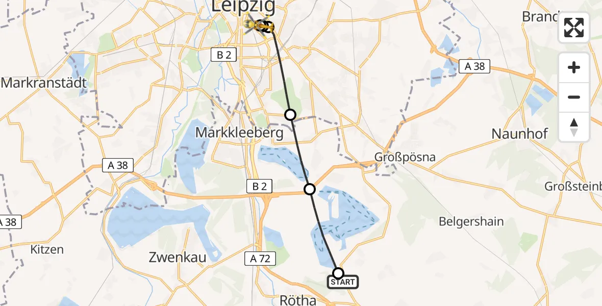 Flugroute Rettungshubschrauber Rötha - Leipzig University Hospital Heliport 1, 18 Juli 2026, 14:36