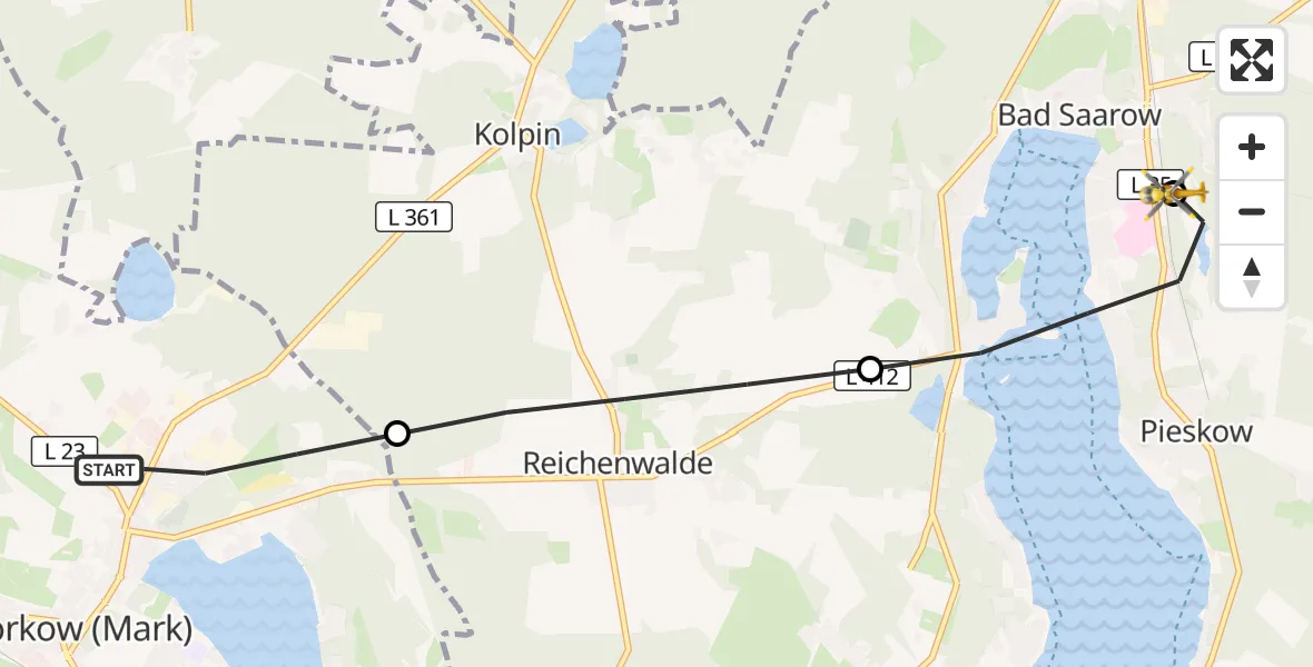 Flugroute Rettungshubschrauber Storkow (Mark) - Bad Saarow Hospital Hubschrauberlandeplatz, 18 Juli 2026, 14:40