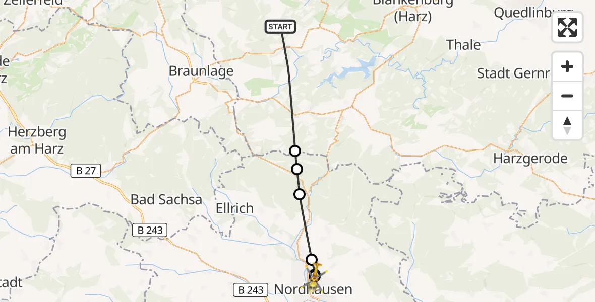 Flugroute Rettungshubschrauber Oberharz am Brocken - Südharz Hospital Nordhausen, 18 Juli 2026, 14:41