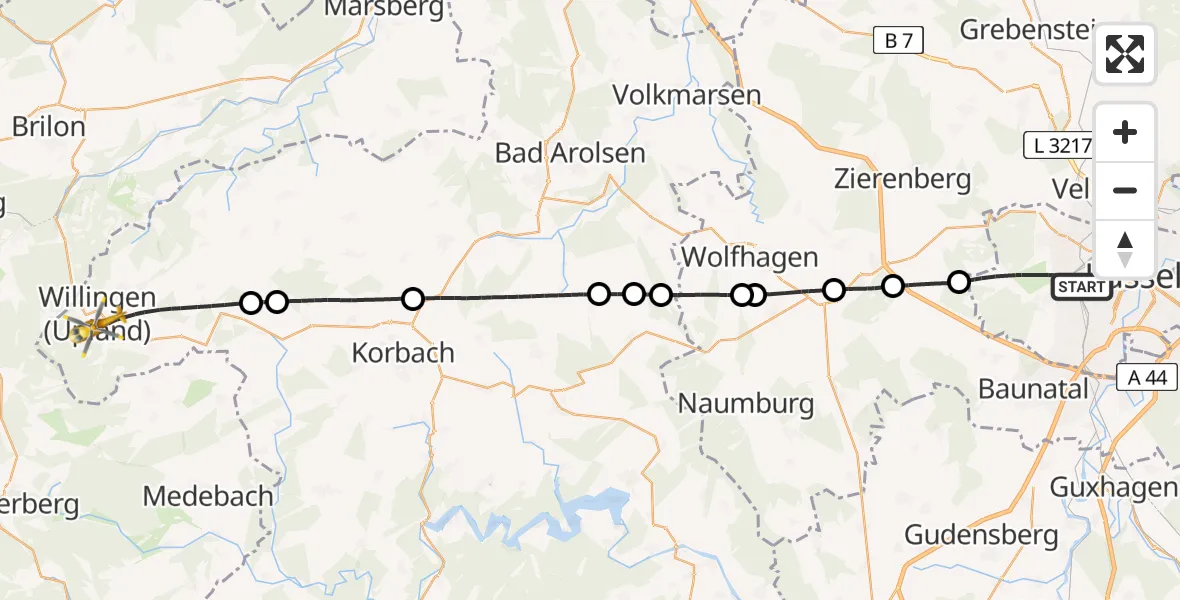 Flugroute Rettungshubschrauber Kassel - Willingen (Upland), 18 Juli 2026, 14:50