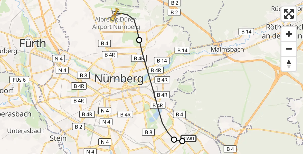Flugroute Ambulanzhubschrauber Nürnberg South Hospital - Flughafen Nuremberg, 18 Juli 2026, 14:53