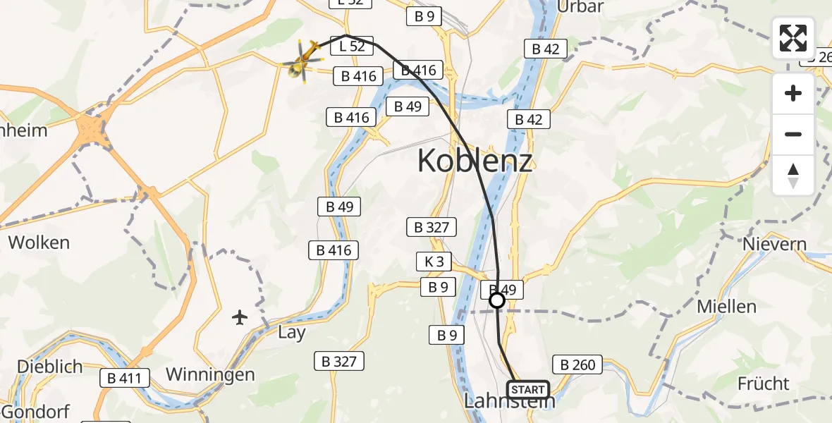 Flugroute Rettungshubschrauber Lahnstein - Koblenz, 18 Juli 2026, 14:56