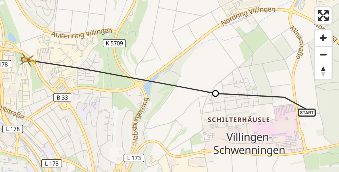 Flugroute Ambulanzhubschrauber DRF Air Rescue Station Villingen-Schwenningen Hubschrauberlandeplatz (Christoph 11) - Villingen-Schwenningen, 18 Juli 2026, 15:01