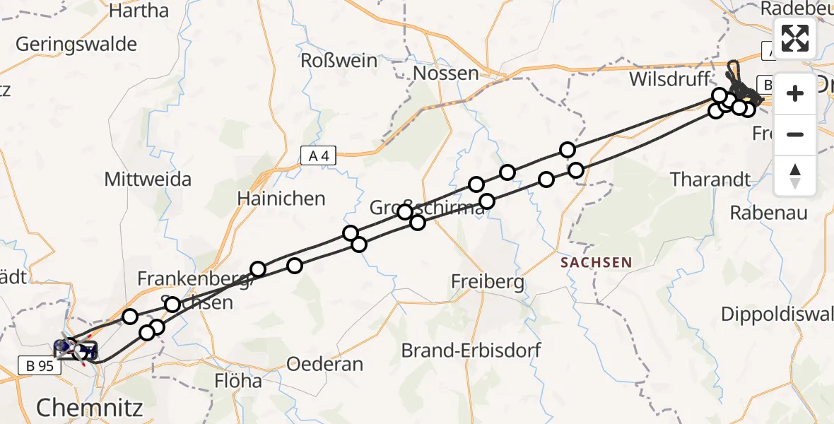 Flugroute Polizeihubschrauber Chemnitz-Glösa Industrial Park Hubschrauberlandeplatz - Chemnitz-Glösa Industrial Park Hubschrauberlandeplatz, 18 Juli 2026, 15:05