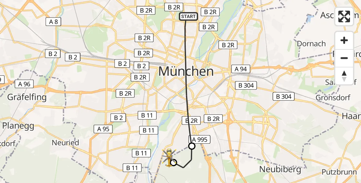 Flugroute Rettungshubschrauber München - ADAC Air Rescue Center Hubschrauberlandeplatz (Christoph 1), 18 Juli 2026, 15:08