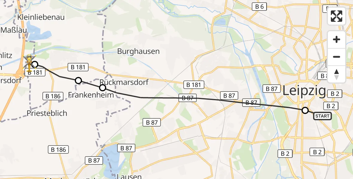 Flugroute Rettungshubschrauber Leipzig University Hospital Heliport 1 - ADAC Air Rescue Station Leipzig/Schkeuditz-Dölzig Hubschrauberlandeplatz (Christoph 61), 18 Juli 2026, 15:16