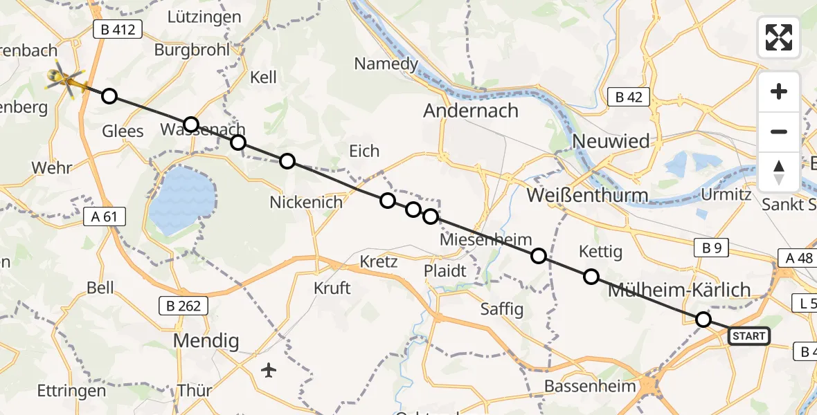 Flugroute Rettungshubschrauber Koblenz - Niederzissen, 18 Juli 2026, 15:19