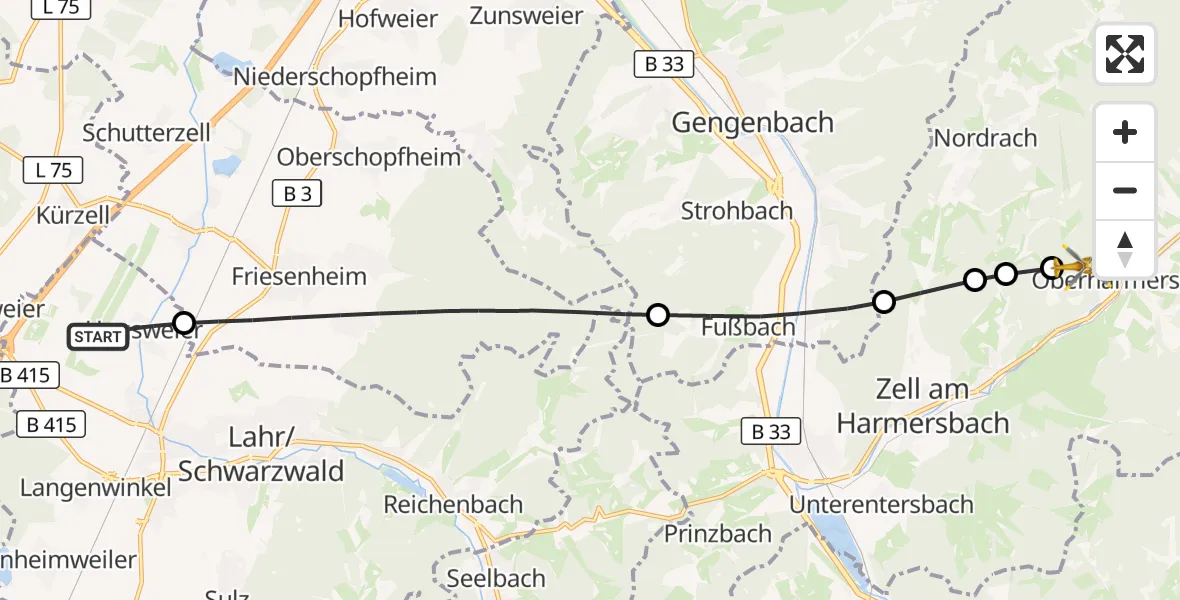 Flugroute Rettungshubschrauber Lahr Flughafen - Oberharmersbach, 18 Juli 2026, 15:23