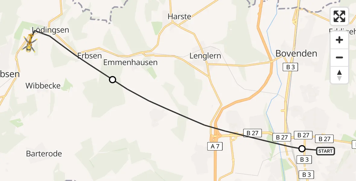 Flugroute Rettungshubschrauber Göttingen University Clinic Hubschrauberlandeplatz - Adelebsen, 18 Juli 2026, 15:26
