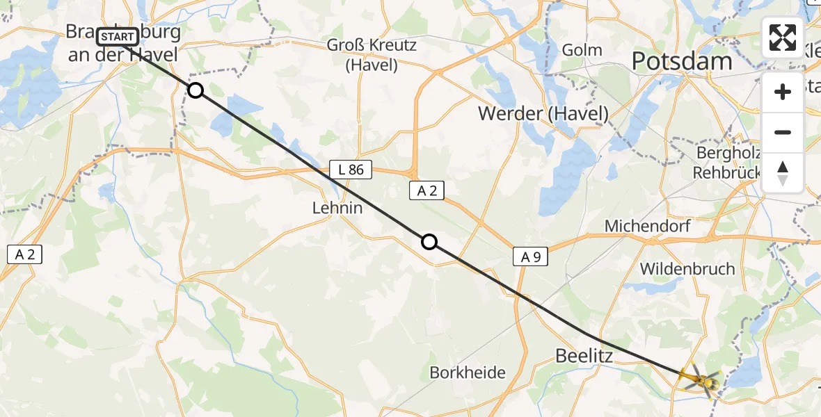 Flugroute Rettungshubschrauber Brandenburg an der Havel - Beelitz, 18 Juli 2026, 15:33