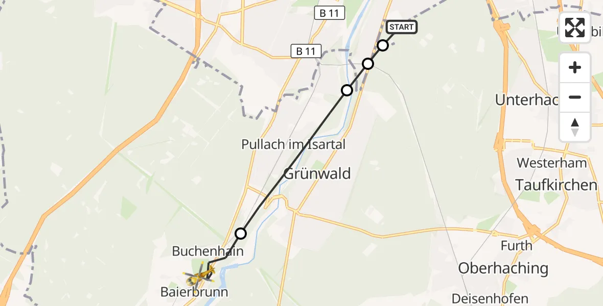 Flugroute Rettungshubschrauber ADAC Air Rescue Center Hubschrauberlandeplatz (Christoph 1) - Baierbrunn, 18 Juli 2026, 15:35