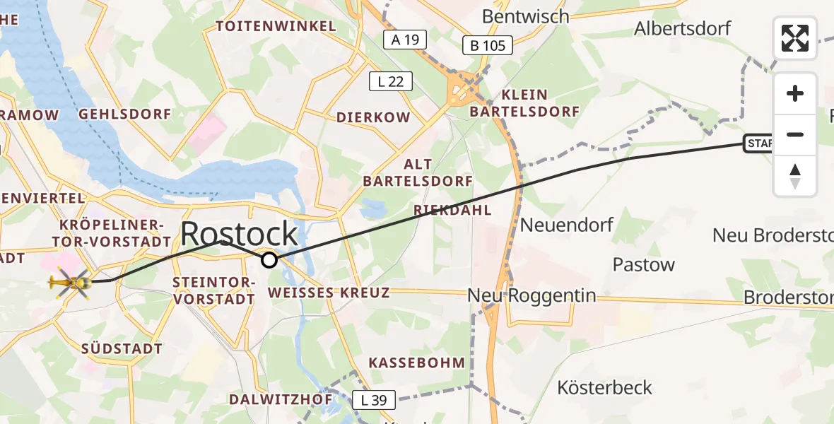 Flugroute Rettungshubschrauber Broderstorf - Rostock University Hubschrauberlandeplatz, 18 Juli 2026, 15:44