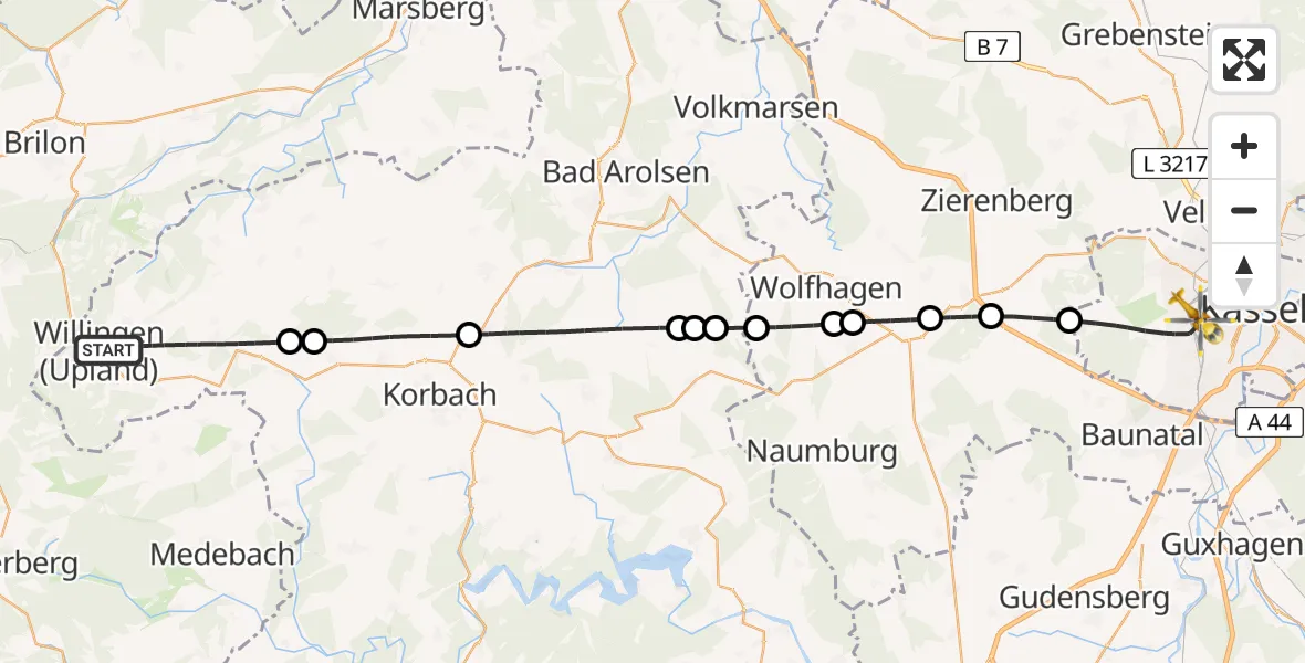 Flugroute Rettungshubschrauber Willingen (Upland) - Kassel, 18 Juli 2026, 15:47