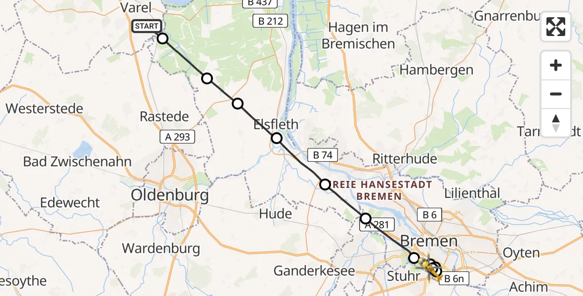 Flugroute Rettungshubschrauber Varel - ADAC Air Rescue Station Bremen Hubschrauberlandeplatz (Christoph 6), 18 Juli 2026, 15:48