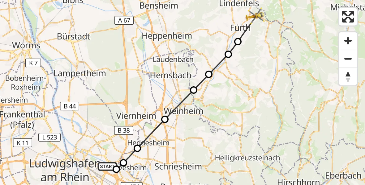 Flugroute Rettungshubschrauber Mannheim-City Flughafen - Fürth, 18 Juli 2026, 15:48