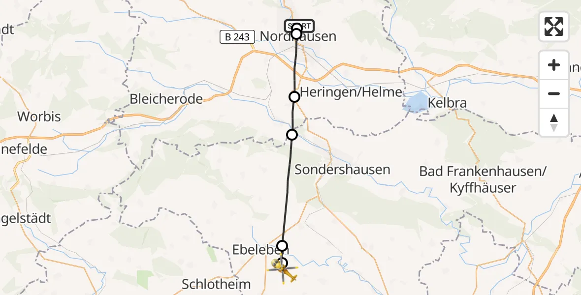 Flugroute Rettungshubschrauber Südharz Hospital Nordhausen - Abtsbessingen, 18 Juli 2026, 15:53