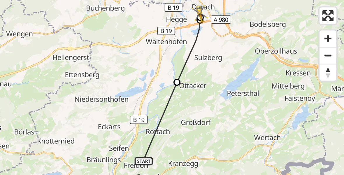 Flugroute Rettungshubschrauber Rettenberg - Kempten-Durach Flugplatz, 18 Juli 2026, 15:59