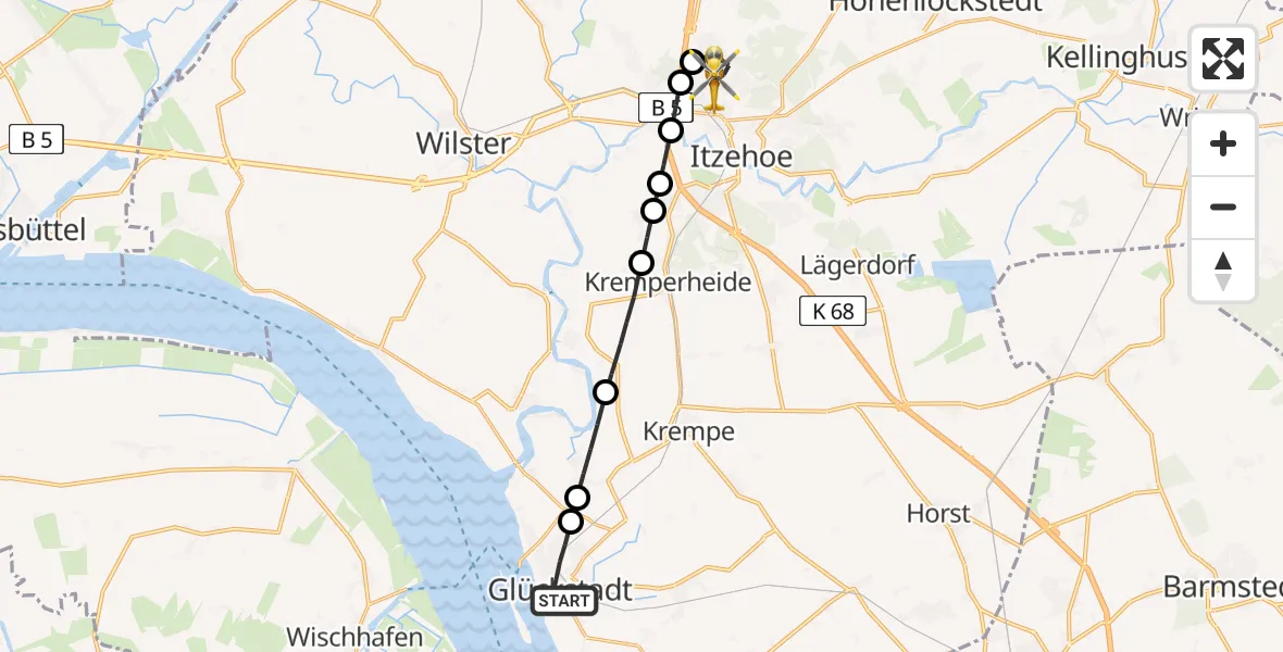 Flugroute Rettungshubschrauber Glückstadt - Itzehoe, 18 Juli 2026, 16:02