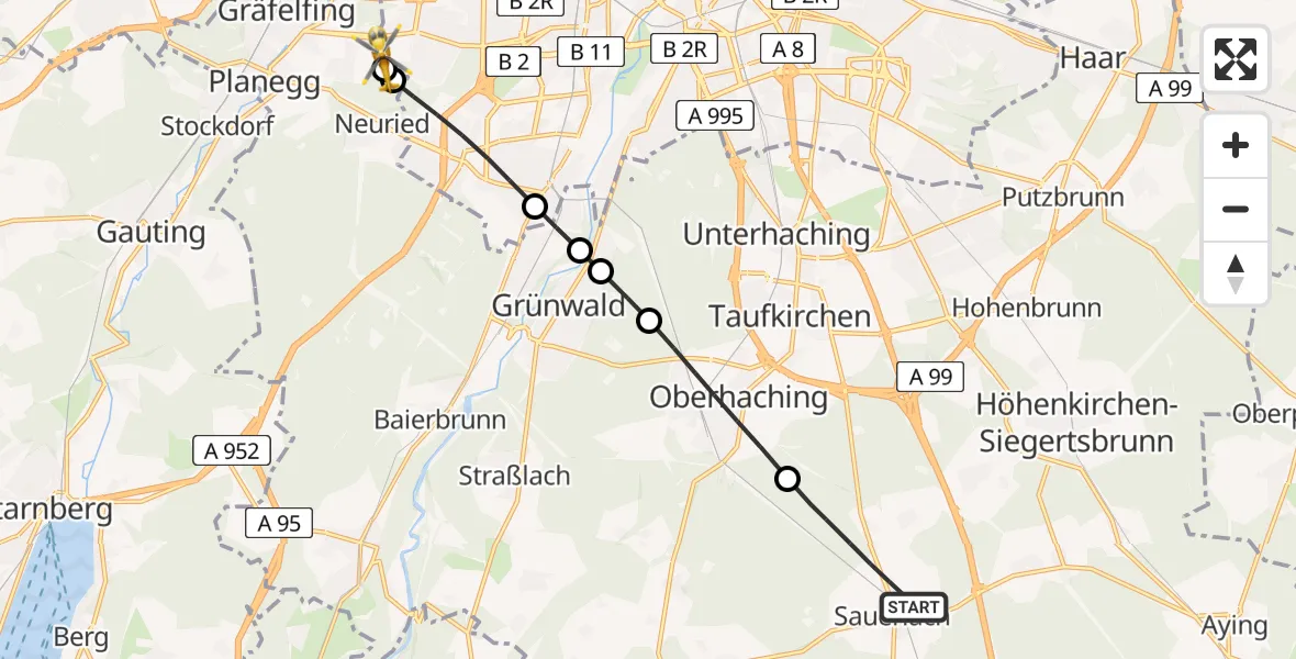 Flugroute Rettungshubschrauber Sauerlach - DRF Air Rescue München Hubschrauberlandeplatz, 18 Juli 2026, 16:08