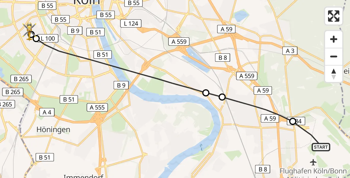 Flugroute Ambulanzhubschrauber Köln Bonn Flughafen - Köln University Hospital, 18 Juli 2026, 16:10