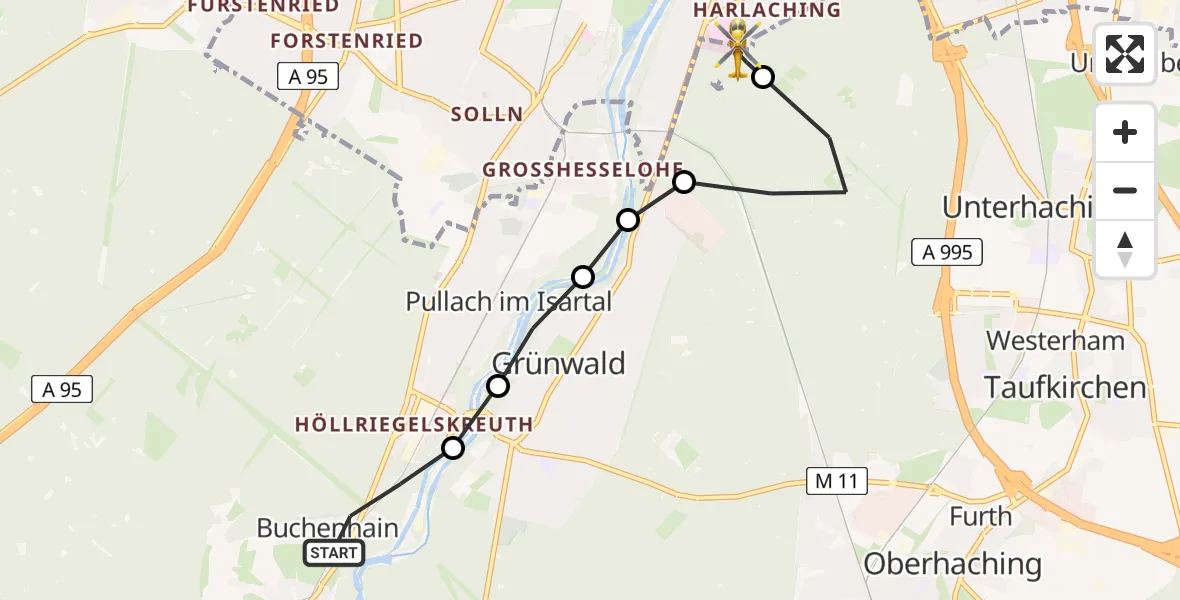Flugroute Rettungshubschrauber Baierbrunn - ADAC Air Rescue Center Hubschrauberlandeplatz (Christoph 1), 18 Juli 2026, 16:11