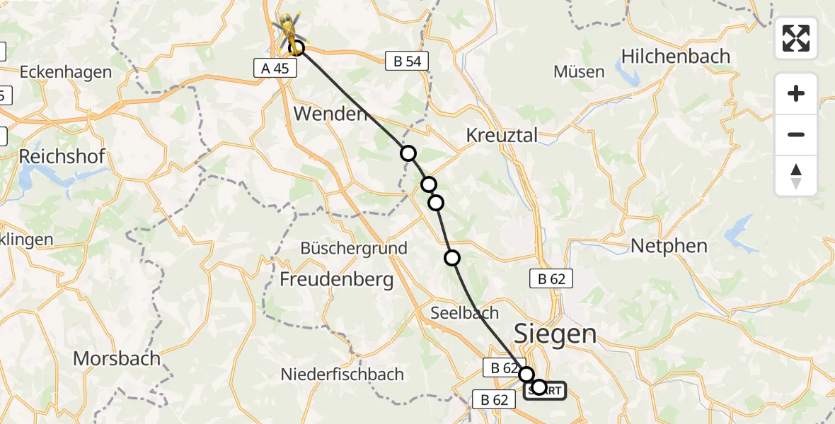 Flugroute Rettungshubschrauber Evangelisches Jung-Stilling Hospital - Olpe, 18 Juli 2026, 16:11