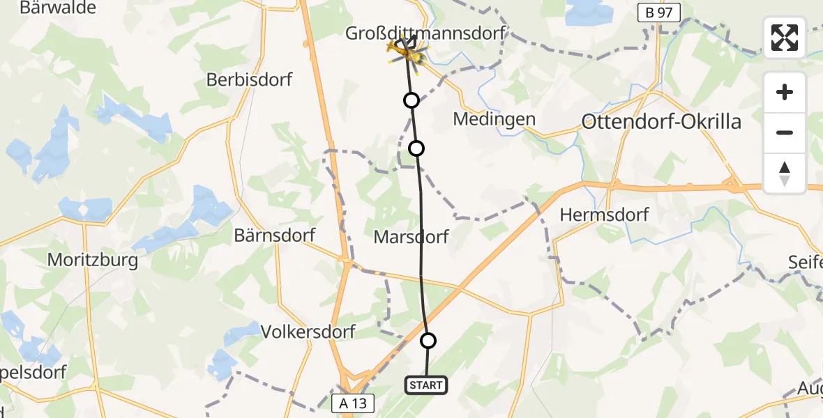Flugroute Rettungshubschrauber Dresden Bundespolizei Hubschrauberlandeplatz - Radeburg, 18 Juli 2026, 16:19