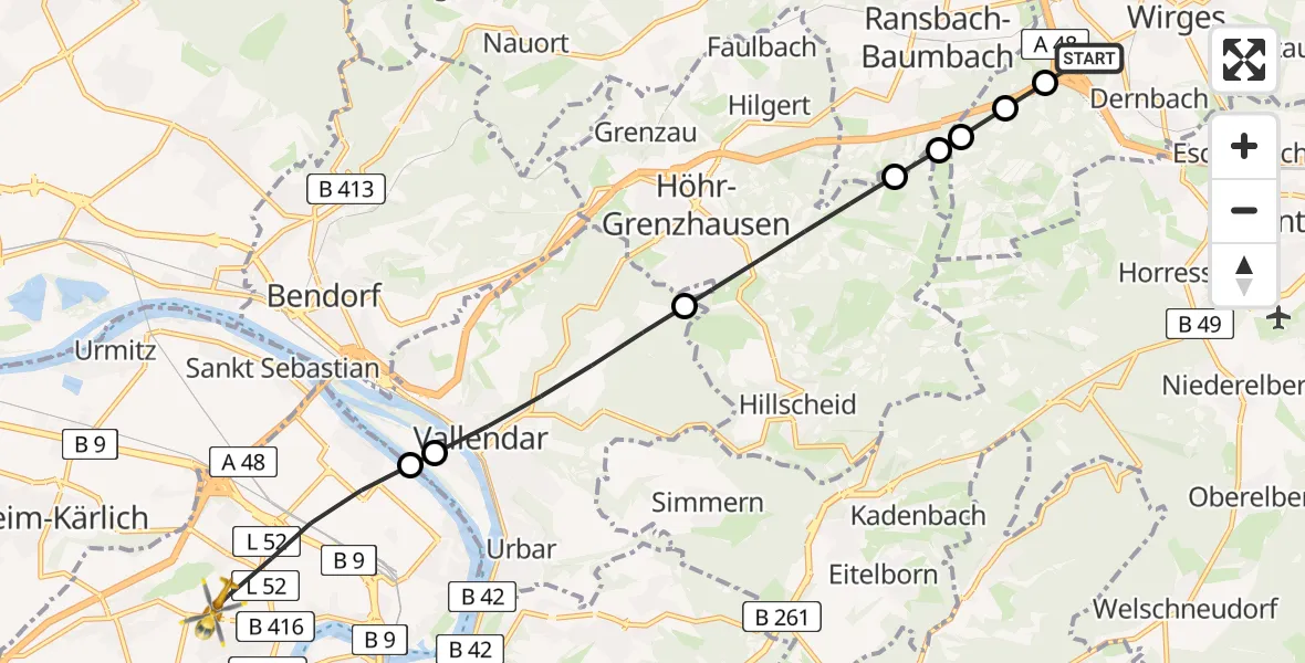 Flugroute Rettungshubschrauber Wirges - Koblenz, 18 Juli 2026, 16:19