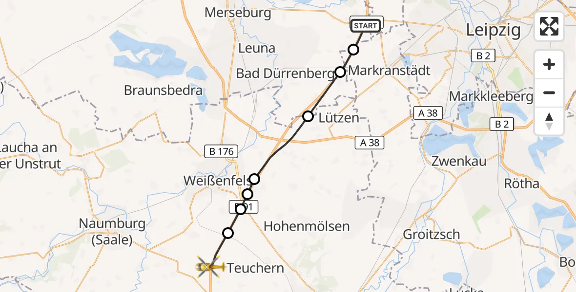 Flugroute Rettungshubschrauber Leuna - Teuchern, 18 Juli 2026, 16:22