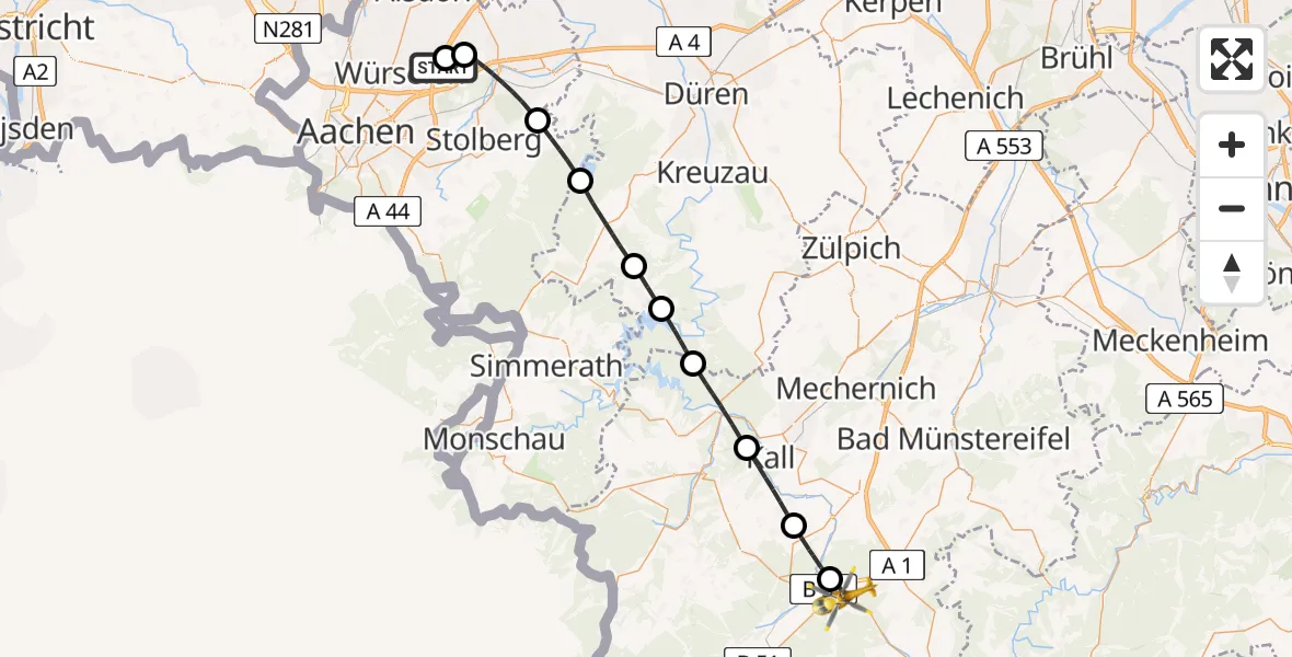 Flugroute Rettungshubschrauber Aachen-Merzbrück Flughafen - Blankenheim, 18 Juli 2026, 16:22