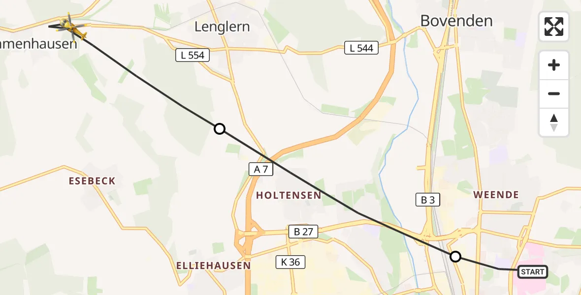 Flugroute Rettungshubschrauber Göttingen University Clinic Hubschrauberlandeplatz - Bovenden, 18 Juli 2026, 16:22