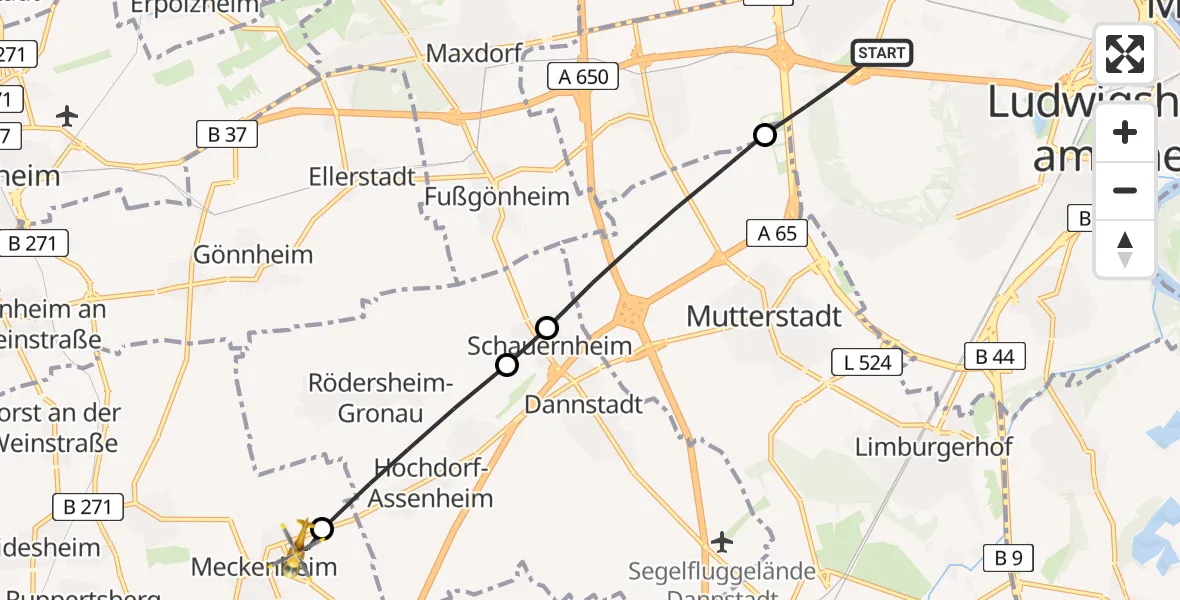 Flugroute Rettungshubschrauber Ludwigshafen am Rhein - Meckenheim, 18 Juli 2026, 16:25