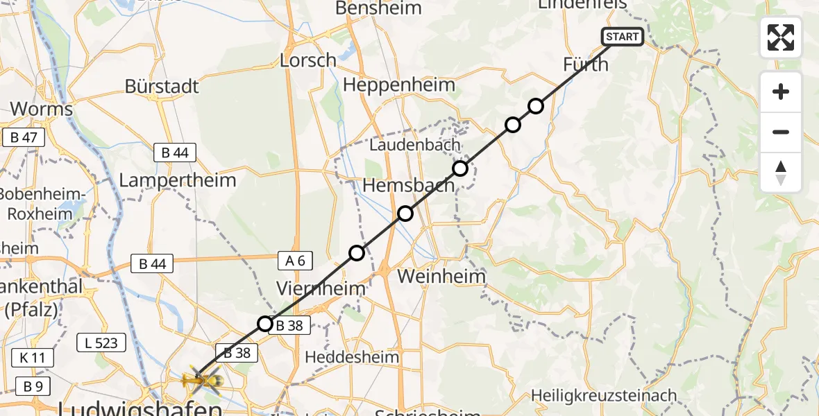Flugroute Rettungshubschrauber Fürth - Mannheim, 18 Juli 2026, 16:29