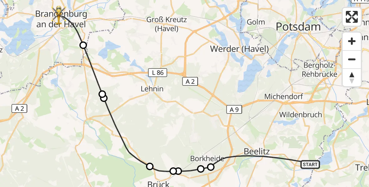 Flugroute Rettungshubschrauber Beelitz - Brandenburg an der Havel, 18 Juli 2026, 16:30