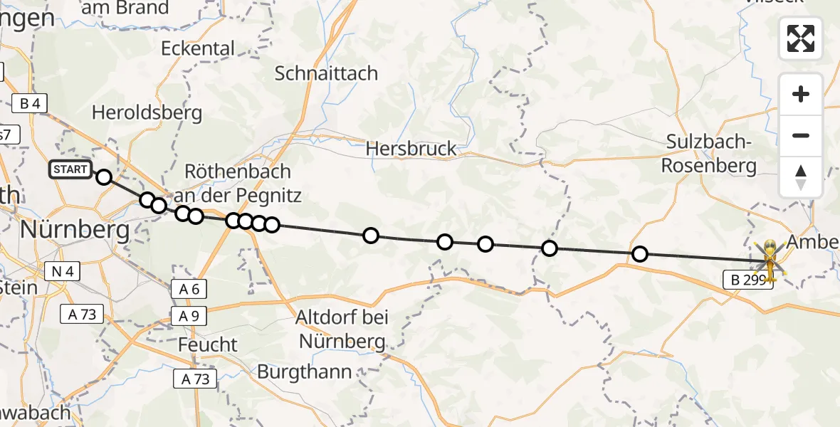 Flugroute Ambulanzhubschrauber Flughafen Nuremberg - Amberg, 18 Juli 2026, 16:32
