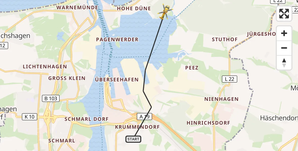Flugroute Rettungshubschrauber Rostock - Rostock, 18 Juli 2026, 16:32