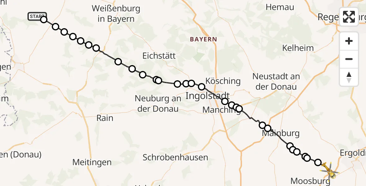 Flugroute Rettungshubschrauber Dornstadt-Linkersbaindt - Bruckberg, 18 Juli 2026, 16:33