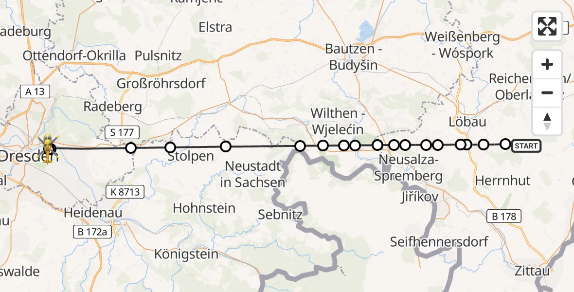 Flugroute Rettungshubschrauber Bernstadt a.d.Eigen - Dresden University Hospital, 18 Juli 2026, 16:36