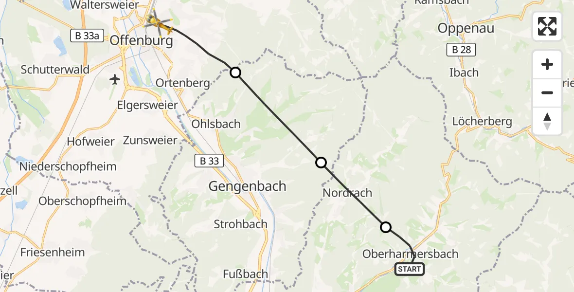 Flugroute Rettungshubschrauber Oberharmersbach - Offenburg, 18 Juli 2026, 16:37